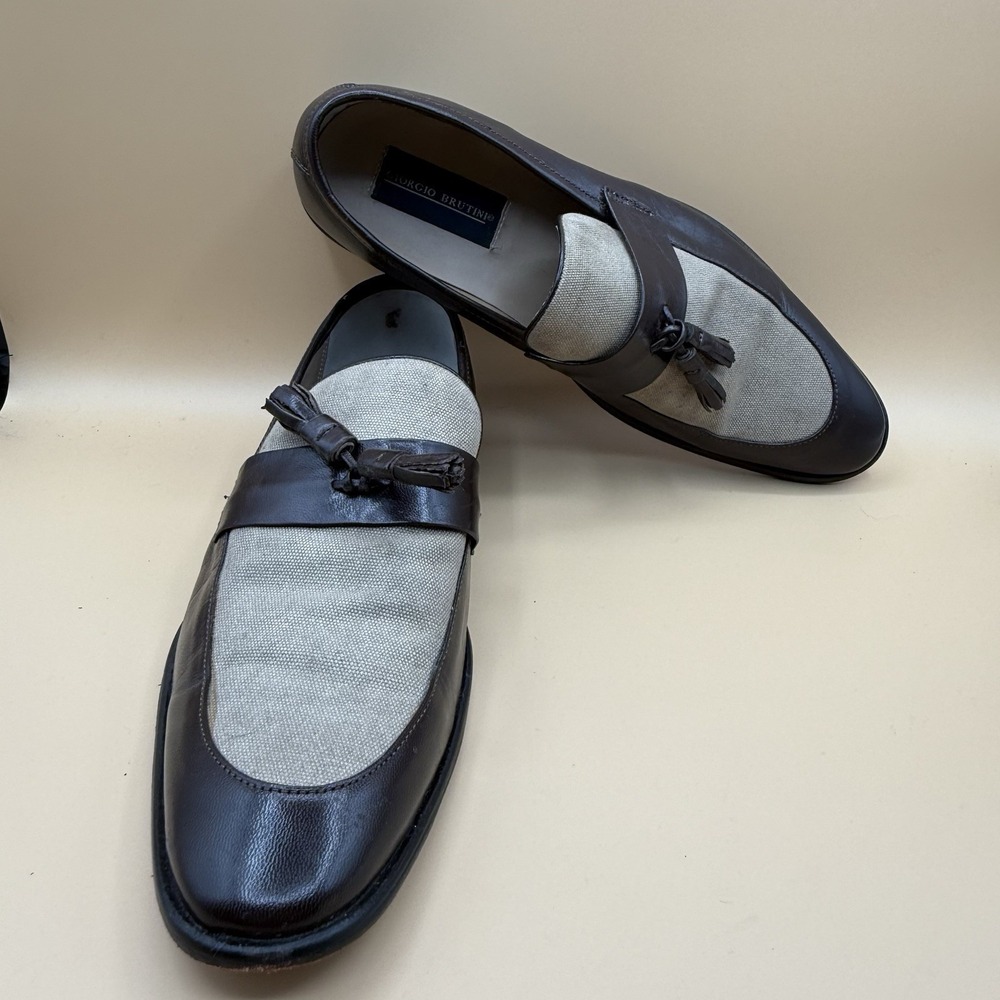 Giorgio Brutini Mens 10.5 Tassel Loafers Brown Leather Canvas Two Tone Resort